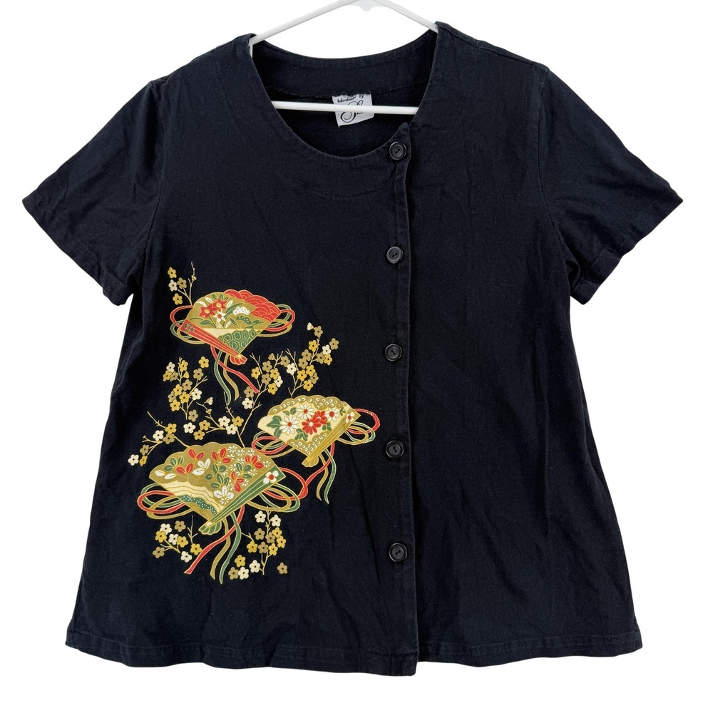 VTG Islandwear By Sidan Shirt Womens‎ Medium Black Button Front Short Sleeve
